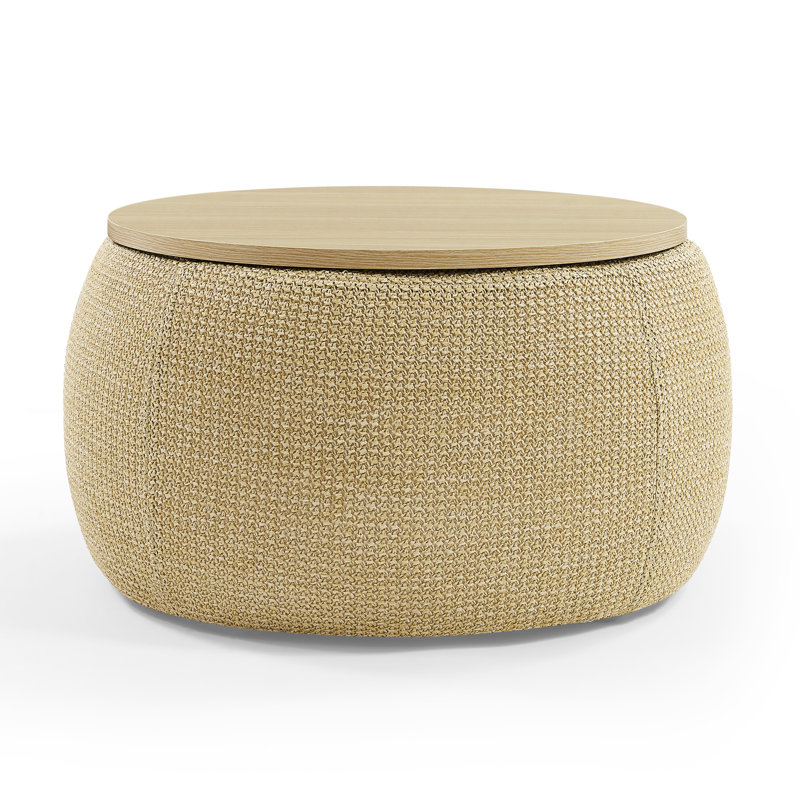 Round Storage Ottoman, 2 In 1 Function, Work As End Table And Ottoman, Natural