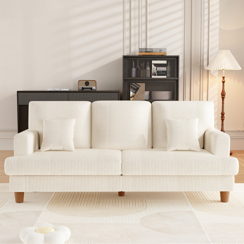 220cm Corduroy Sofa with 3 Seats, No Tool Assembly, Solid Wood Frame and Solid Wood Legs, Beige