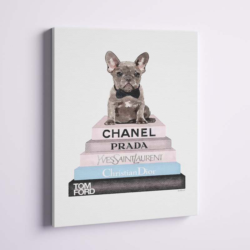 «Boden Bookstack with Gray Frenchie Puppy», reproduction, Toile tendue, H 30 po x l 24 po x P 1,5 po