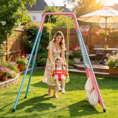 Balançoire 3 en 1 pour tout-petits avec panier de basketball et buts de soccer, balançoire bébé intérieure/extérieure avec support métallique pliable, balançoire pour enfants pour le jardin, instructions claires, facile à monter et à ranger