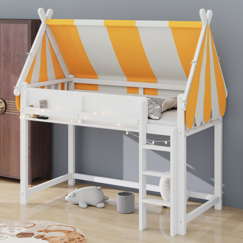 Loft Bed With Canopy, LED Lights, And Book Shelf, White