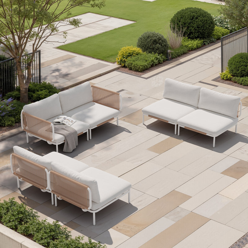 Canapé modulaire d'extérieur 100,4 po en métal, Coussin beige / structure blanche