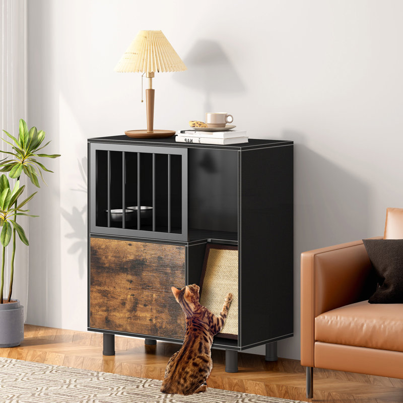 Station d'alimentation pour chat, station d'alimentation avec planche à gratter pour chat, casier à chat avec rangement, noir rétro