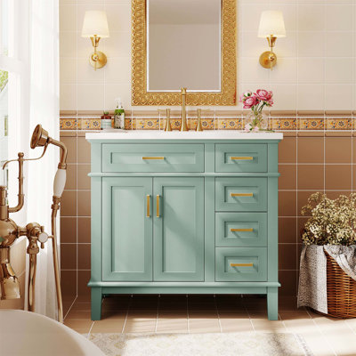 Meuble-lavabo de 36 po avec lavabo en résine, armoire de salle de bain moderne avec deux portes à fermeture douce et quatre tiroirs