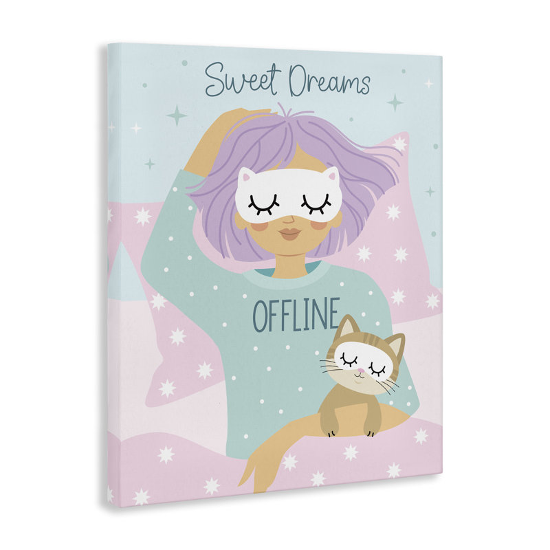 Art mural sur toile Sweet Dreams Girl & Cat par Ilis Avilés, H 30 po x l 24 po