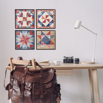Stupell Industries Classic Patriotic Quilt Patterns 4 Piece Framed Giclee Art Set, Design By Susan Arnot In Midnight Black Framed Giclee