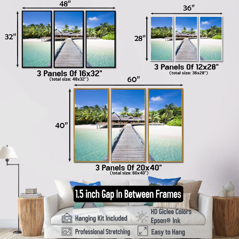 Plage avec cocotiers - ensemble d'art mural sur toile encadré paysage, H 28 po x l 36 po, Argent