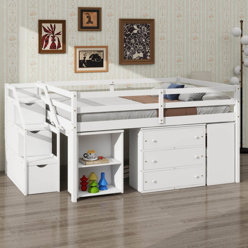 Lit mezzanine double en bois avec bureau coulissant, 3 tiroirs, escalier de rangement et tablettes, White