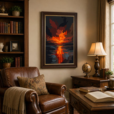 Art mural antique sur toile encadré doré pour le salon, la chambre à coucher, le bureau ou le vestibule - Décoration murale décorative avec réflexion du feu