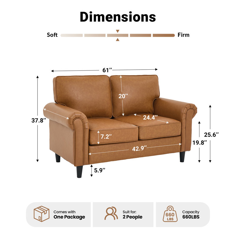 Luelle 61" Upholstered Loveseat Faux Leather Sofa Rolled Arm, Yellow