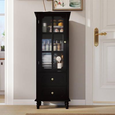 Armoire de rangement pour garde-manger de 52,36 po de hauteur avec portes en verre et tiroir, panneau de rangement en bois aggloméré Buffets de rangement avec tablettes réglables, noir
