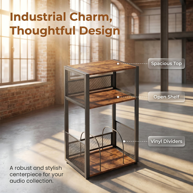 3-Tier Record Rack with Storage, Holds Over 100 Records, Iron Frame, Versatile Side Table Design, Adjustable Legs, Mid-Century Modern Style, Black and Brown
