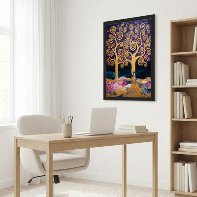 Toile noire encadrée en bois noir pour salon, chambre à coucher, bureau ou vestibule - décoration murale décorative avec arbre doré