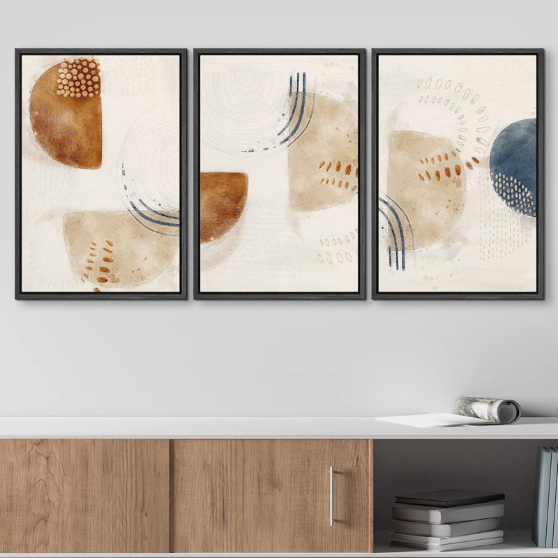 Style Mid-Century industriel, grunge, brun et brun clair, demi-cercles, formes abstraites, art moderne bohème neutre, 3 pièces