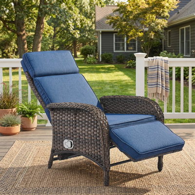 Luxurious 6 Piece Outdoor PE Wicker Recliner Chair with Side Table, Adjustable Patio Reclining Lounge Chair with Pop-Up Footrest, Deep Seat Cushions & Ergonomic Headrest, All-Weather Rattan Armchair for Poolside, Yard, Deck