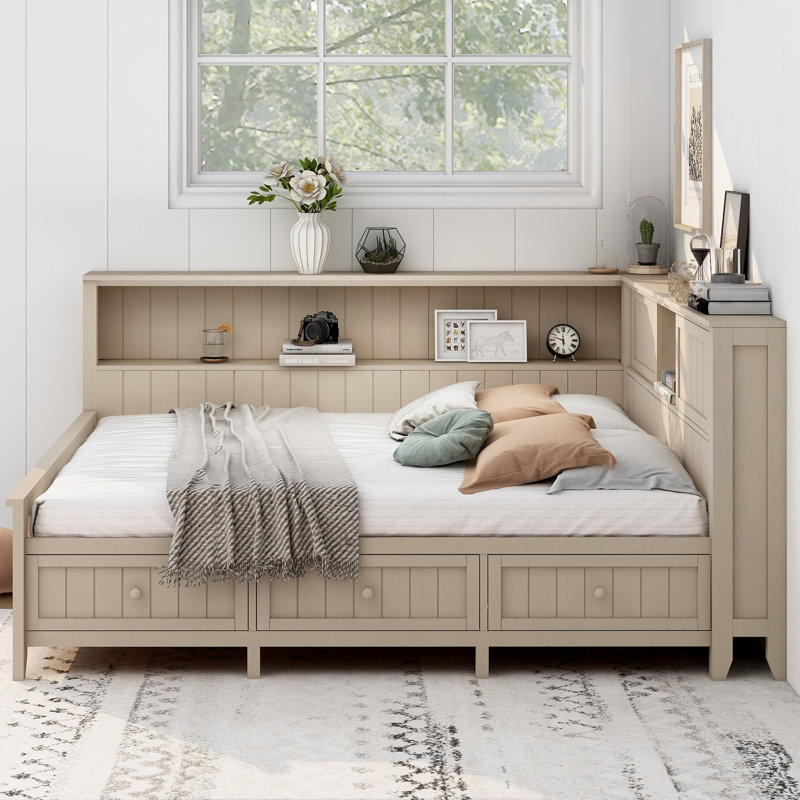  Lit de jour double en bois avec tablettes de rangement et compartiments sous le lit à usages multiples, crème