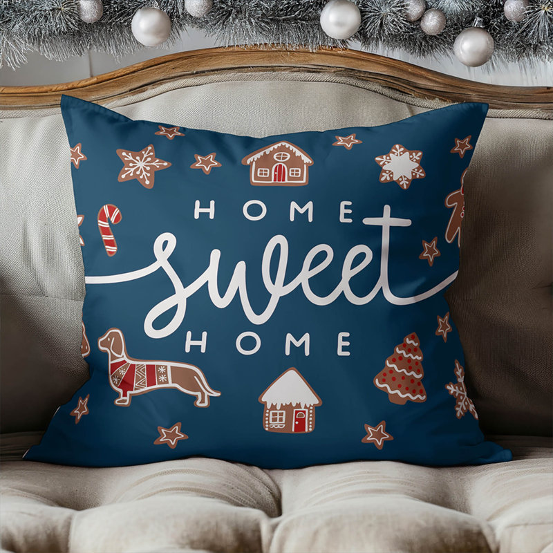 Coussin décoratif Gingerbread Home Sweet Home, Bleu très foncé, Carré 16 po