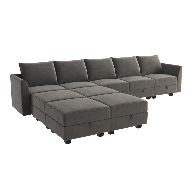 Canapé et méridienne réversible avec repose-pieds Sabira, Velours gris
