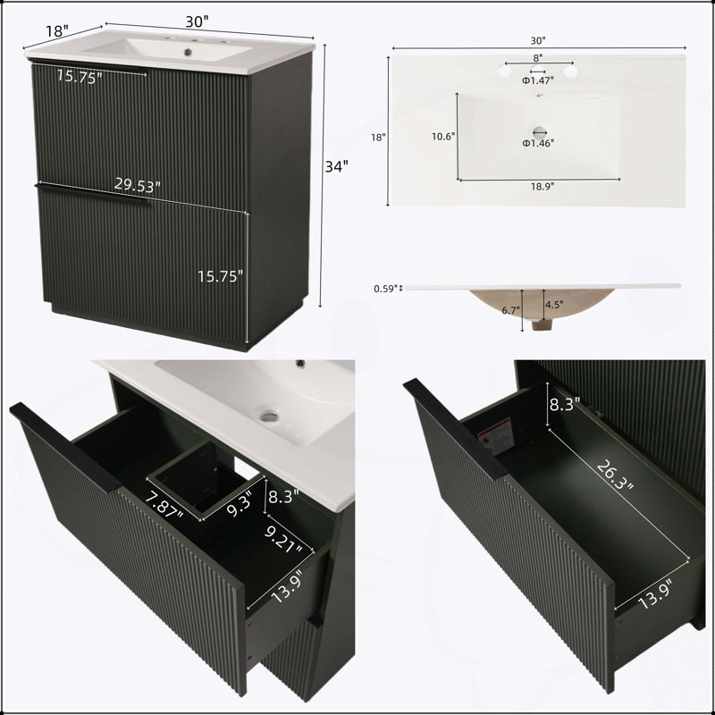 Meuble-lavabo cannelé de 30 po avec lavabo en céramique et tiroirs à fermeture en douceur pleine extension, Vert