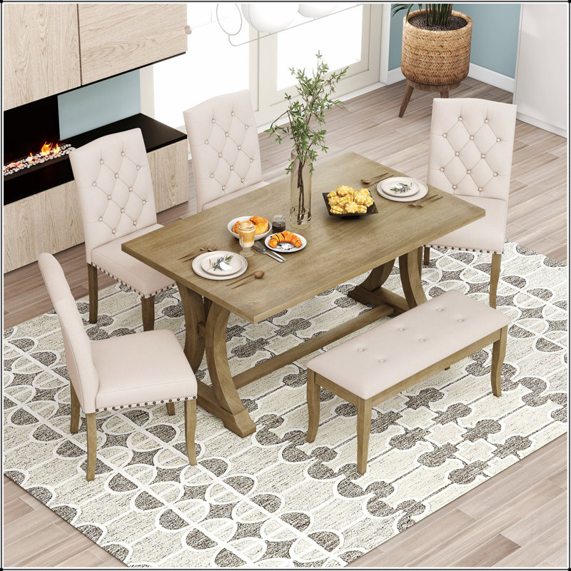 Ensemble de table de salle à manger, table à tréteaux rectangulaire et banc de chaises rembourrées, Bois naturel délavé