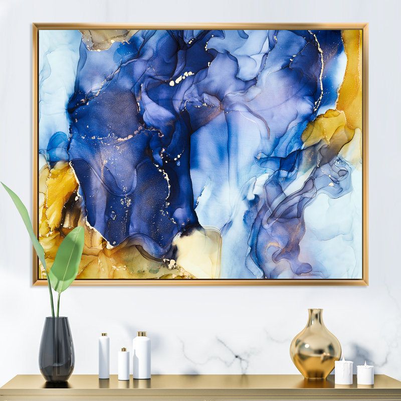 «Blue Luxury Abstract Fluid Art III», reproduction d'art sur toile moderne, Cadre photo doré, H 16 po x l 32 po x P 1 po