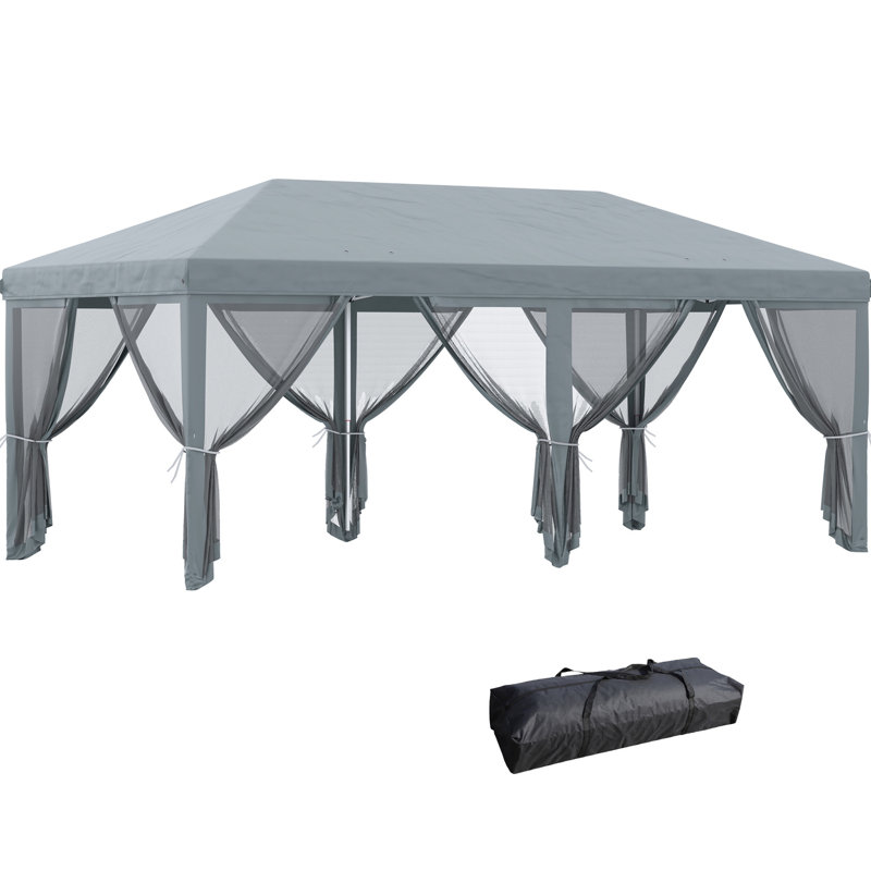 Tente escamotable 10 pi x 20 pi avec filet, abri de soleil robuste pour patio. Gris. Éloignement, pieds réglables, événements extérieurs faciles à utiliser dans le jardin, patio, aménagement spacieux, fonction polyvalente,