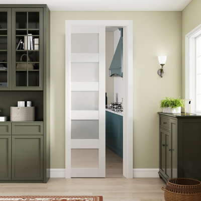 Ensemble de porte coulissante en verre trempé givré 5-pièces 36 po x 80 po à 5 poches avec fermeture en douceur