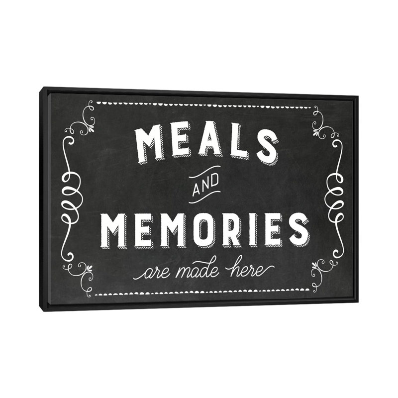 « repas & souvenirs », art textuel sur toile, H 18 po x l 26 po x P 1,5 po, Toile avec cadre noir, Pas de tapis