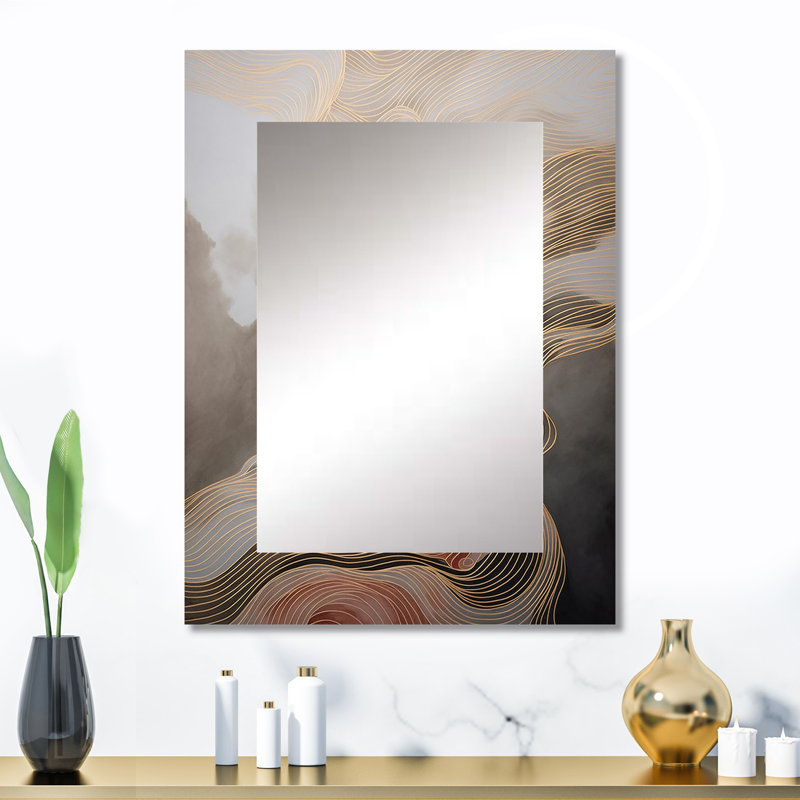 Gold And Grey Linear Expressions I - Line Art Mirror, Modern Unique Wall Mirror, Printed Metal Art, 32" x 24"