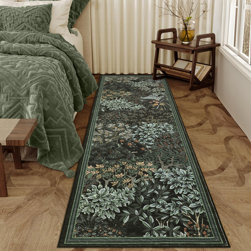 Botanical Forest Area Rug for Living Room, Washable Jungle Soft Low Pile Floor Cover, Non Slip Stain Resistant Carpet, Black