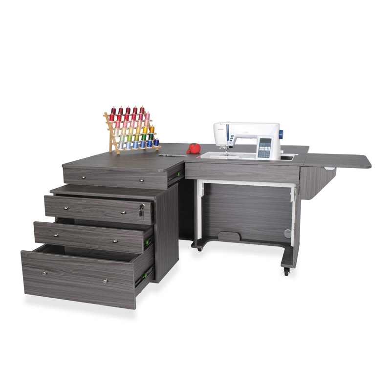 Gray Hydraulic Lift Sewing Cabinet with Rolling Storage Caddy