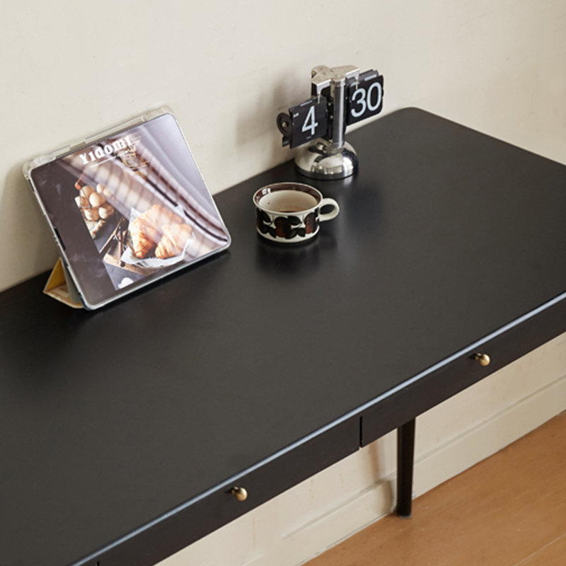 Bureau d'écriture en bois d'hévéa noir à double tiroir, H 29,52 po x l 55,11 po x P 23,22 po