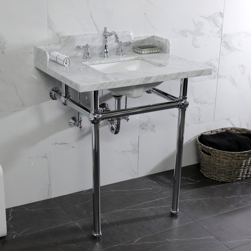 Kingston Brass Pemberton 30-Inch Carrara Marble Console Sink with Brass Legs (8-Inch, 3-Hole), Marble White/Polished Chrome