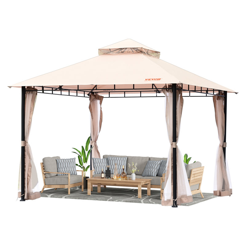 Beige Polyester 10x10 ft Patio Gazebo with Mosquito Net and Metal Frame