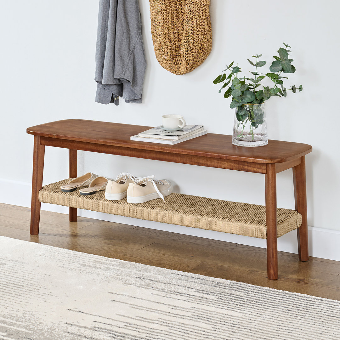 Alisma Bench with Storage Shelf - Calais Collection 48-Inch Entryway Bench - Solid Acacia Wood Mid-Century Modern Bench (Warm Chestnut) Bay Isle Home™