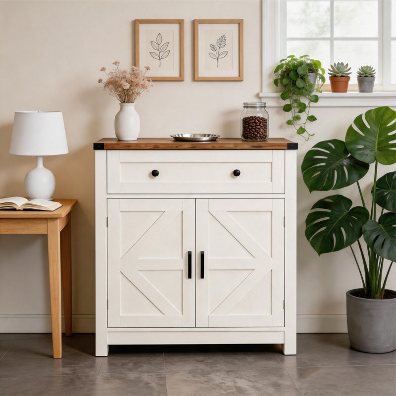 30"×15.6"×32.7" Farmhouse Barn-door Storage Cabinet, Wood-grain Top, Drawer & Hidden Storage, Fit For Kitchen/living Room