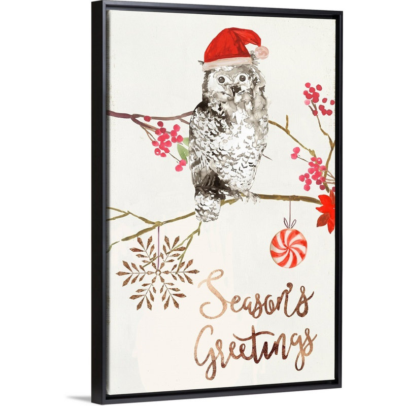 Christmas Owl II - reproduction d'art textuel sur toile, Cadre noir, H 20 po x l 14 po x P 1,75 po