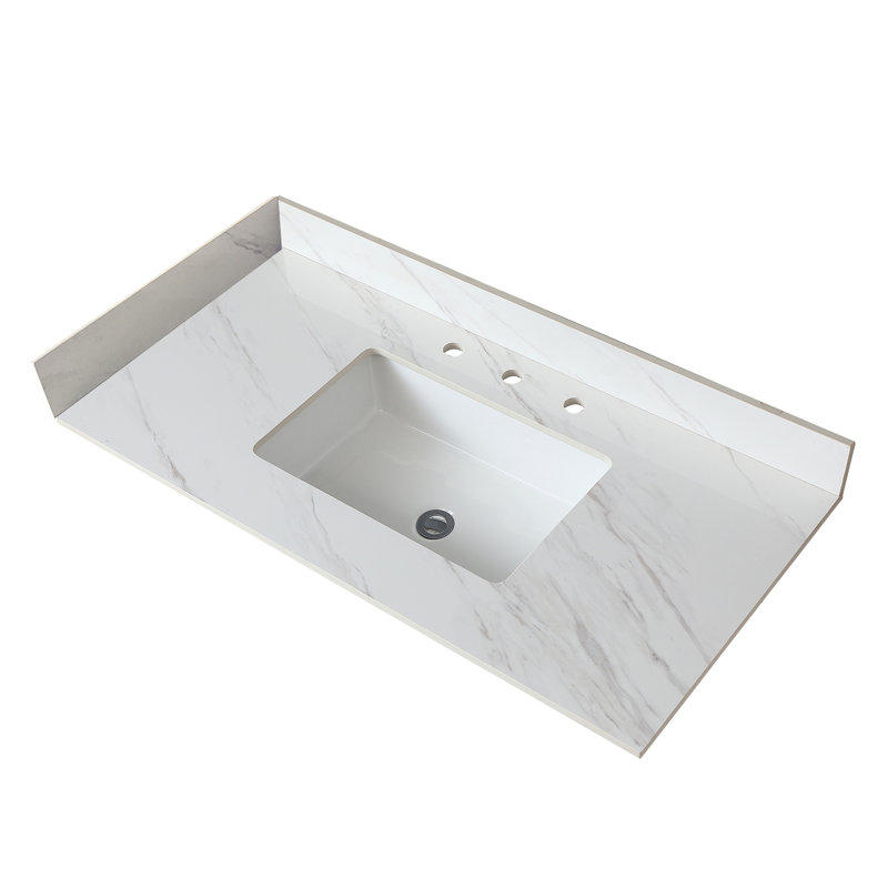 Bathroom 37 Inch Vanity Top - White Sintered Stone With 4" Backsplash, Pre-drilled Faucet Hole, Rectangular Sink, And Elegant Middle Stain-