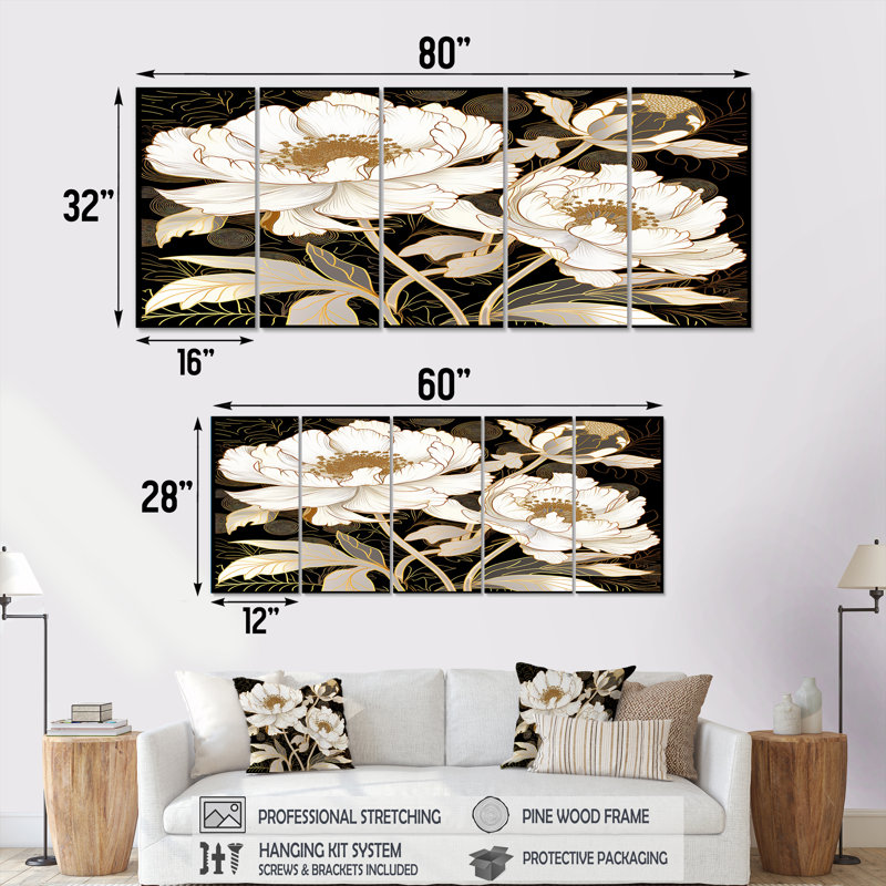 Pivoines blanches et noyau doré - ensemble d'art mural pivoines 5 pièces, H 32 po x l 80 po