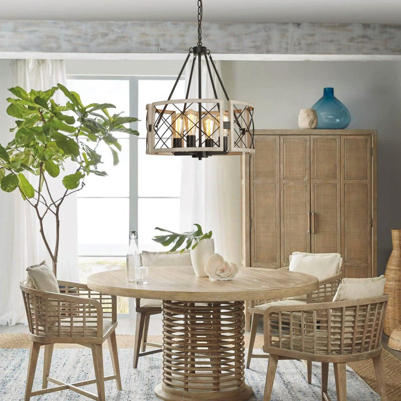 Lustre de style campagnard D19 ", luminaire de salle à manger réglable à 4 lumières pour îlot de cuisine, luminaires suspendus rustiques, chêne noir et blanc