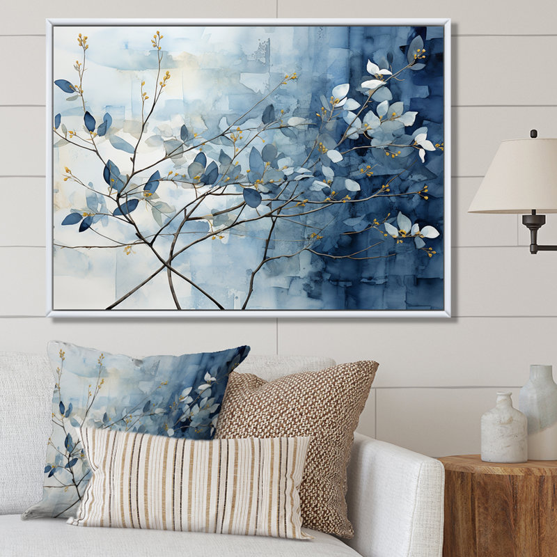 Art mural bleu et gris sur une branche I - Feuilles, H 30 po x l 40 po x P 1,5 po, Cadre flottant blanc