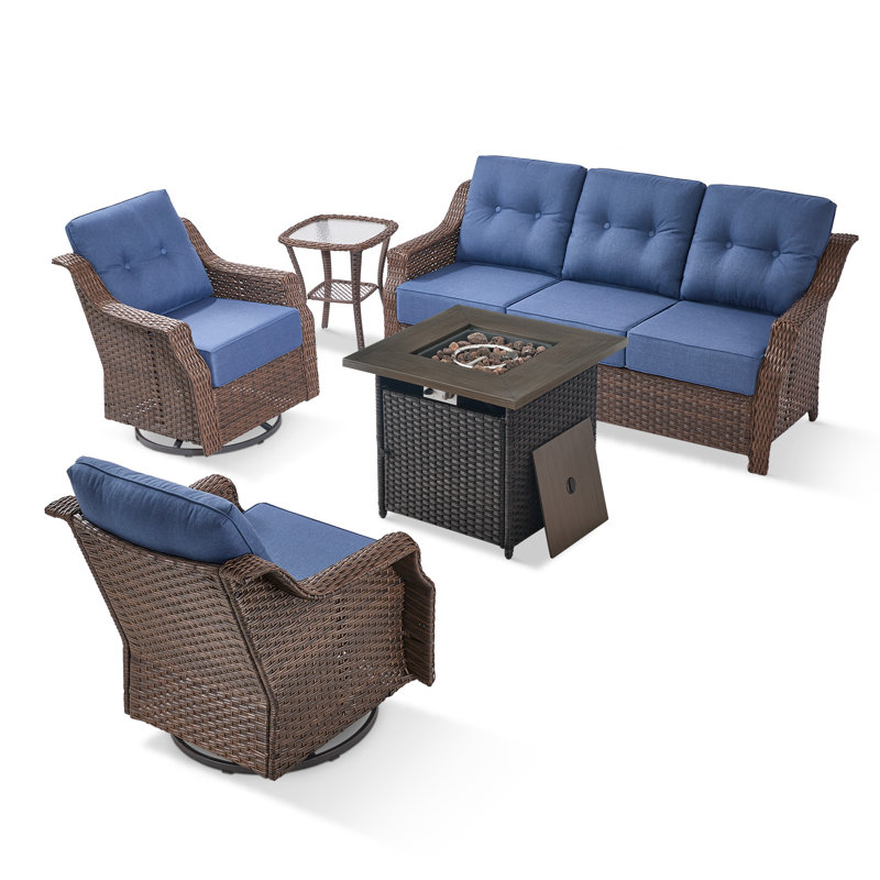 Circlarmino 5-Piece All-Weather Outdoor Wicker Square Fire Pit Conversation Set With Swivel Gliders And Side Table For Patio＆Garden