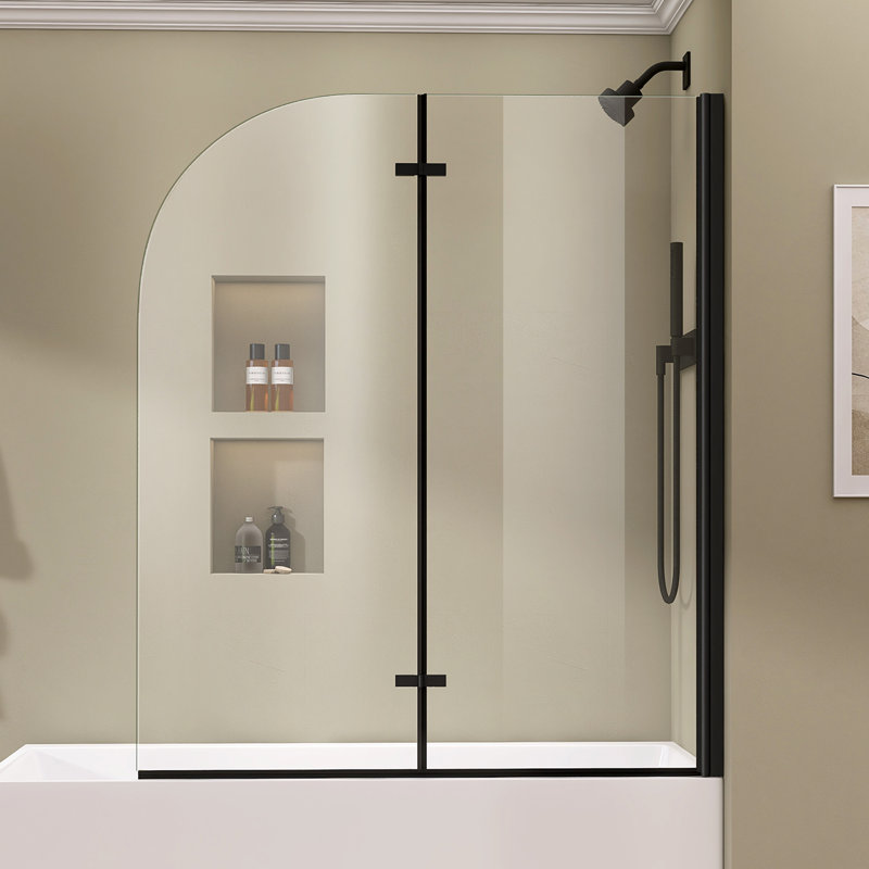 Folding Glass Shower Doors for Bathtub, 48 in. W x 58 in. H Pivot Frameless Tub Shower Door, Tempered Glass Shower Panel Screen
