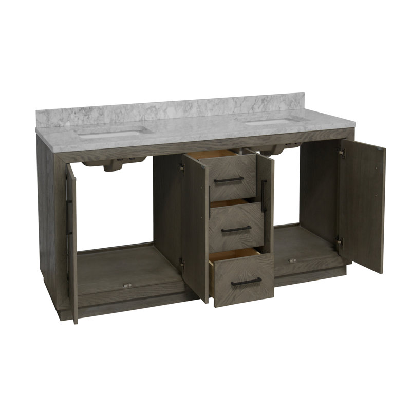 Sadelle 72'' Double Bathroom Vanity with Carrara Marble Top, Gray Oak