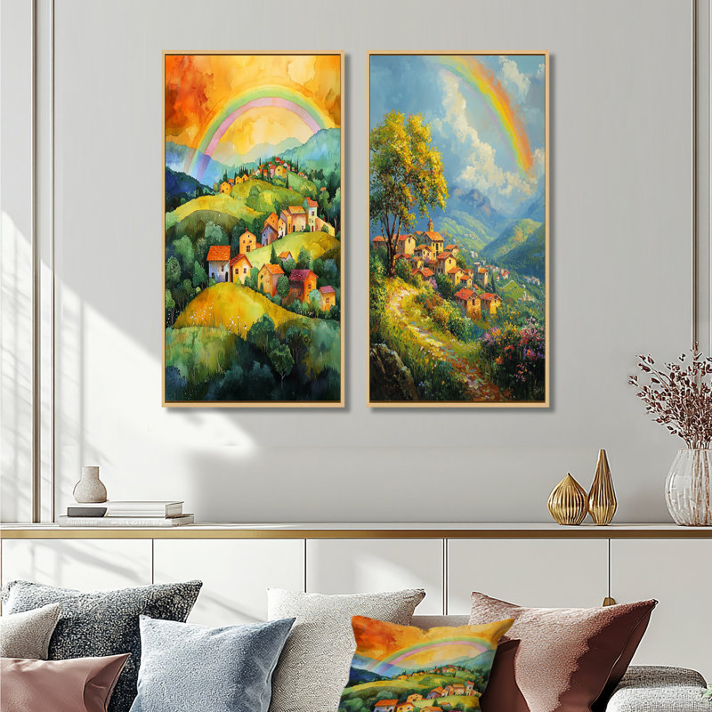 Rainbow Over The Hillside Village I - Collection d'art sur toile 2 panneaux, H 32 po x l 33 po, Cadre crème crème