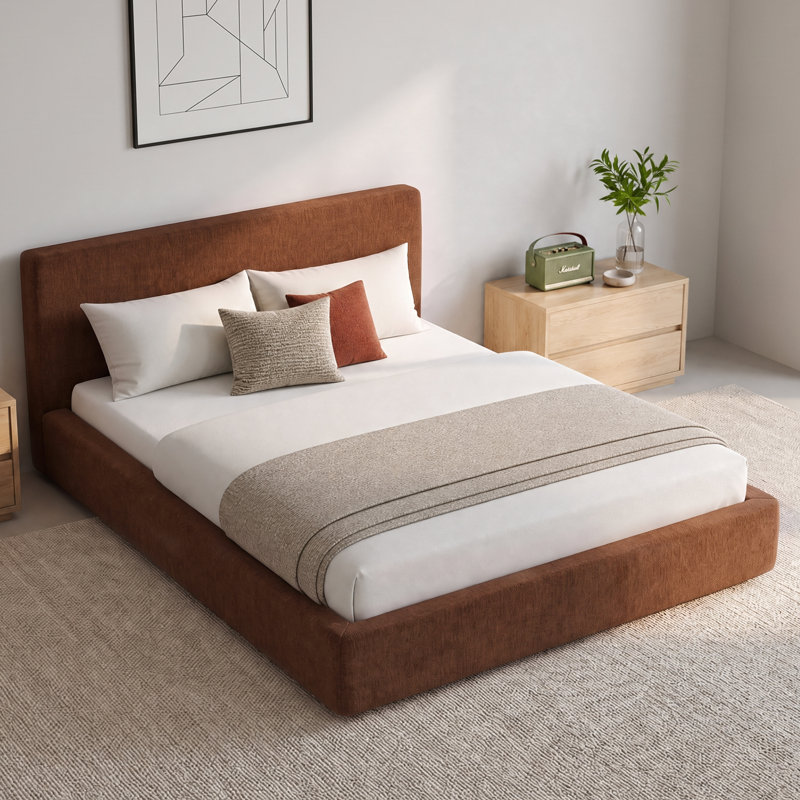 AirFrame Queen Bed Frame with Headboard, Cloud Upholstered Platform Bed Frame, No Box Spring, Easy Assembly, Grand lit, Brun