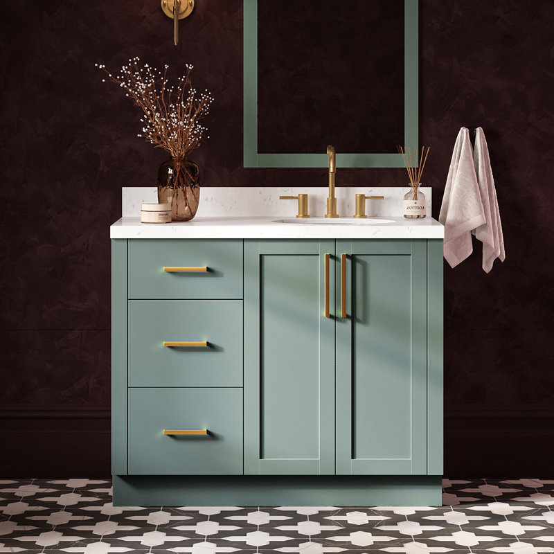 Meuble-lavabo de salle de bain avec lavabo ovale simple décalé à droite de 42 pouces et comptoir en quartz blanc de Carrare de 1,5 pouce, couleur vert vintage