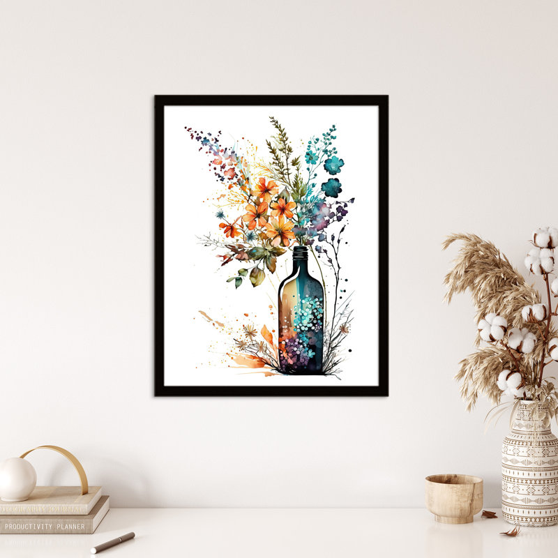 Wine Bottle Wildflowers Orange Blue Purple - Single Picture Frame Print