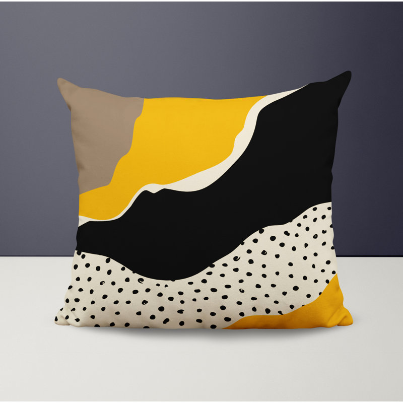 Coussin décoratif intérieur / extérieur en polyester filé Toni, 19 po x 19 po, Jaune / blanc cassé / beige / noir
