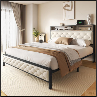 Queen Size Bed Frame, Platform Bed Frame with Charging Station, Upholstered Storage Headboard & Footboard Metal Slats Supports Mattress Foundation, No Box Spring Needed, Beige(No Drawers)
